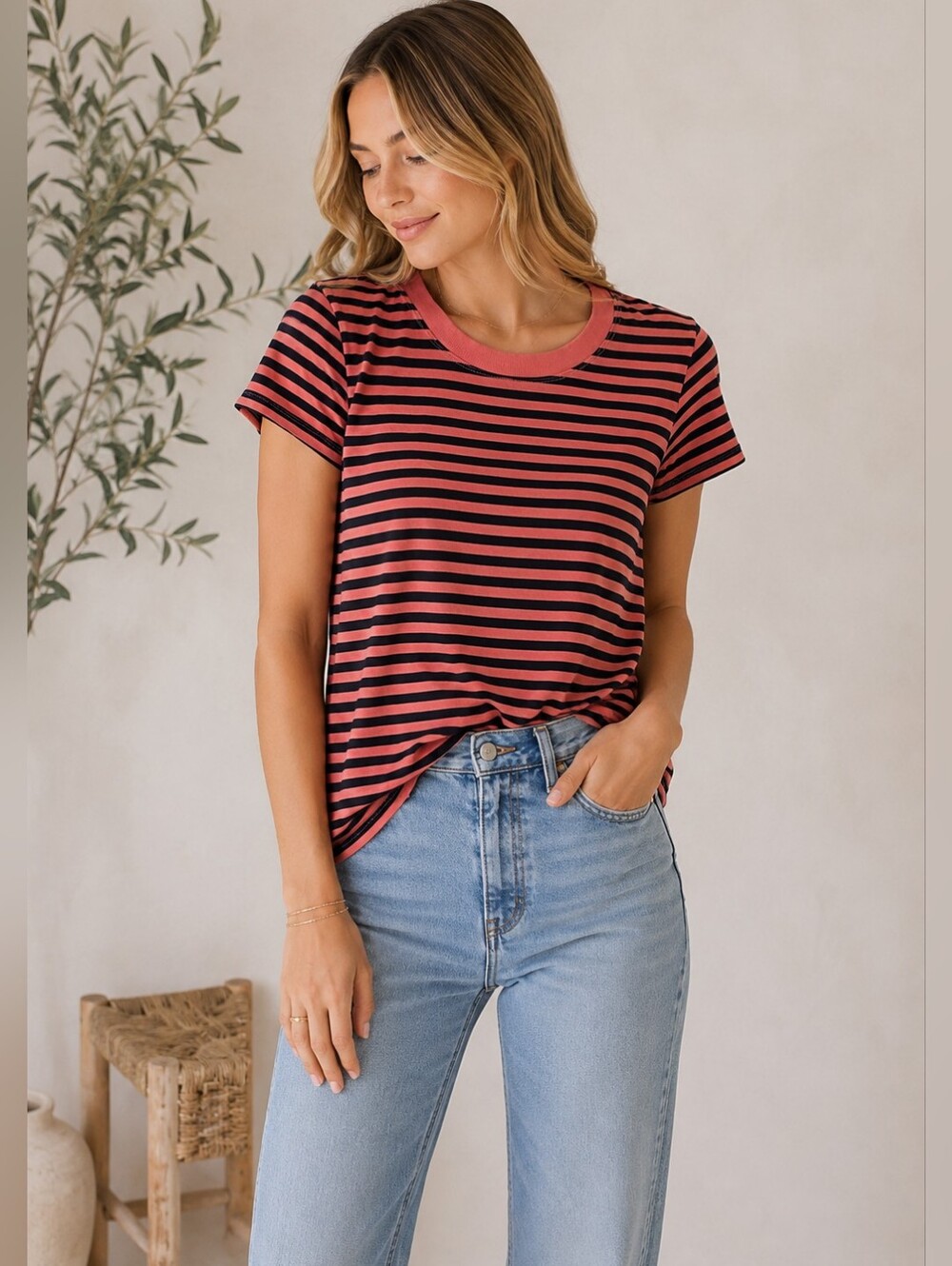 🖤 Stateside Pink & Black Striped Tee Small🖤✨